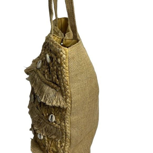 Salt + Umber Isla Jute Seashell Beach Straw Tote‎ Bag With Fringe - Picture 3 of 9